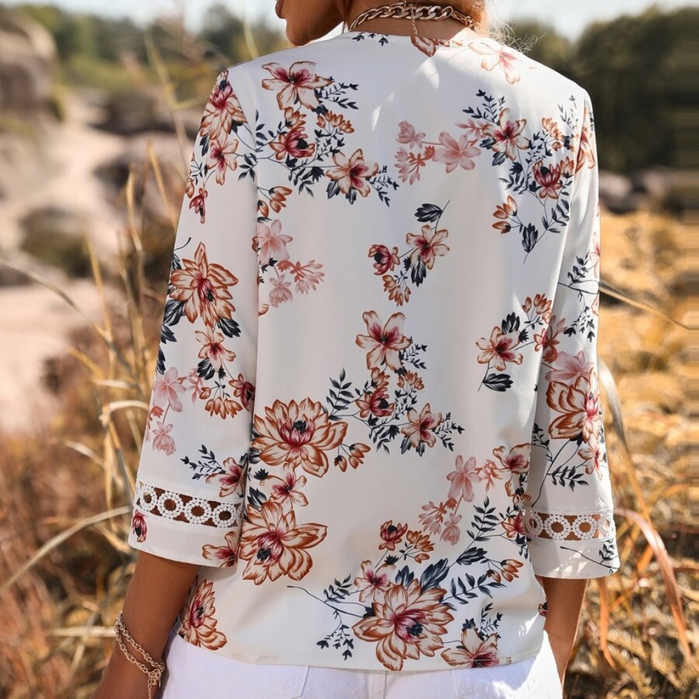 Boho Floral Print Lace V neck Flounce Sleeve Blouse - Picture 5 of 5